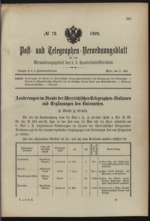 Post- und Telegraphen-Verordnungsblatt für das Verwaltungsgebiet des K.-K. Handelsministeriums 18920711 Seite: 1