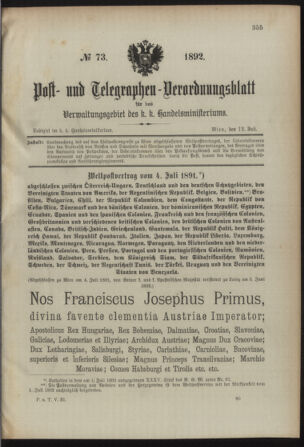 Post- und Telegraphen-Verordnungsblatt für das Verwaltungsgebiet des K.-K. Handelsministeriums 18920712 Seite: 1