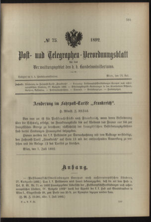 Post- und Telegraphen-Verordnungsblatt für das Verwaltungsgebiet des K.-K. Handelsministeriums 18920714 Seite: 1