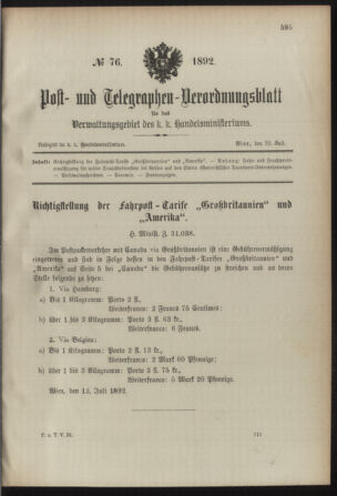 Post- und Telegraphen-Verordnungsblatt für das Verwaltungsgebiet des K.-K. Handelsministeriums