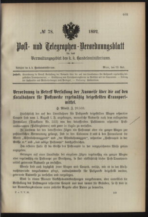 Post- und Telegraphen-Verordnungsblatt für das Verwaltungsgebiet des K.-K. Handelsministeriums 18920729 Seite: 1