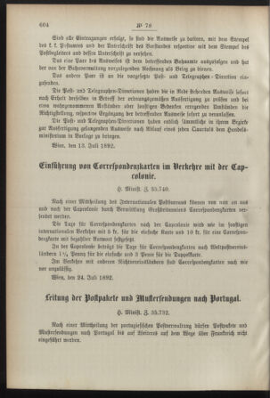 Post- und Telegraphen-Verordnungsblatt für das Verwaltungsgebiet des K.-K. Handelsministeriums 18920729 Seite: 2