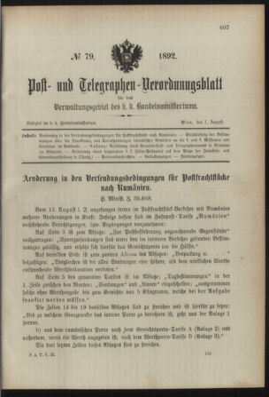 Post- und Telegraphen-Verordnungsblatt für das Verwaltungsgebiet des K.-K. Handelsministeriums 18920801 Seite: 1