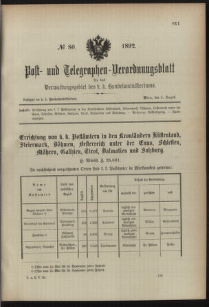 Post- und Telegraphen-Verordnungsblatt für das Verwaltungsgebiet des K.-K. Handelsministeriums 18920804 Seite: 1