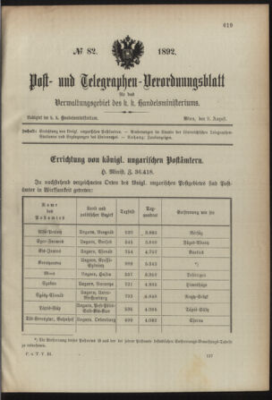 Post- und Telegraphen-Verordnungsblatt für das Verwaltungsgebiet des K.-K. Handelsministeriums 18920809 Seite: 1