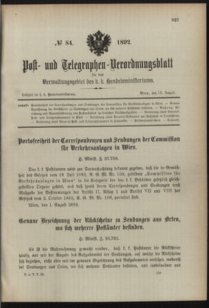 Post- und Telegraphen-Verordnungsblatt für das Verwaltungsgebiet des K.-K. Handelsministeriums 18920813 Seite: 1