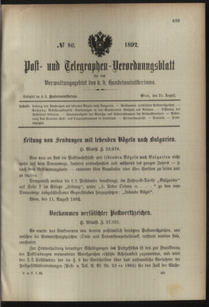 Post- und Telegraphen-Verordnungsblatt für das Verwaltungsgebiet des K.-K. Handelsministeriums 18920820 Seite: 1