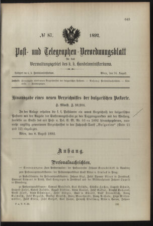 Post- und Telegraphen-Verordnungsblatt für das Verwaltungsgebiet des K.-K. Handelsministeriums 18920824 Seite: 1