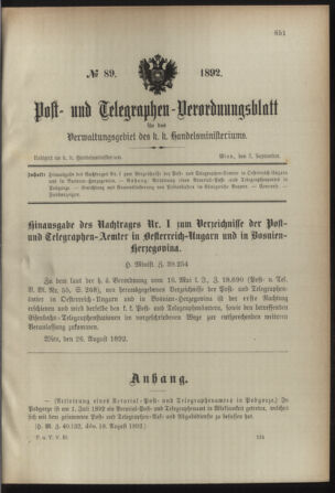 Post- und Telegraphen-Verordnungsblatt für das Verwaltungsgebiet des K.-K. Handelsministeriums 18920902 Seite: 1