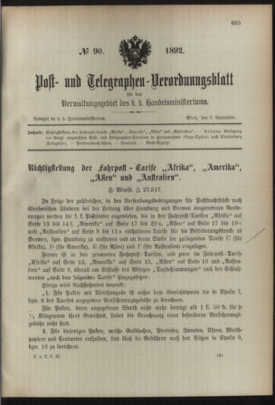 Post- und Telegraphen-Verordnungsblatt für das Verwaltungsgebiet des K.-K. Handelsministeriums 18920904 Seite: 1