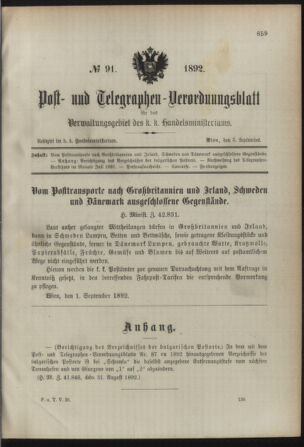 Post- und Telegraphen-Verordnungsblatt für das Verwaltungsgebiet des K.-K. Handelsministeriums 18920905 Seite: 1