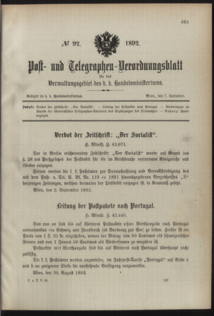 Post- und Telegraphen-Verordnungsblatt für das Verwaltungsgebiet des K.-K. Handelsministeriums 18920907 Seite: 1