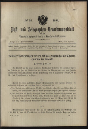 Post- und Telegraphen-Verordnungsblatt für das Verwaltungsgebiet des K.-K. Handelsministeriums 18920909 Seite: 1