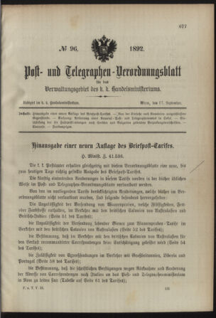 Post- und Telegraphen-Verordnungsblatt für das Verwaltungsgebiet des K.-K. Handelsministeriums 18920917 Seite: 1