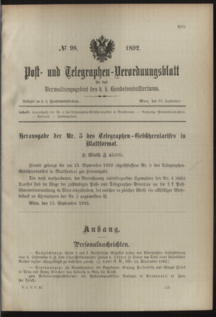 Post- und Telegraphen-Verordnungsblatt für das Verwaltungsgebiet des K.-K. Handelsministeriums 18920923 Seite: 1