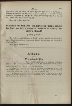 Post- und Telegraphen-Verordnungsblatt für das Verwaltungsgebiet des K.-K. Handelsministeriums 18920924 Seite: 3