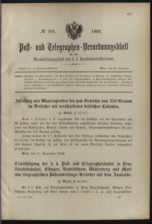 Post- und Telegraphen-Verordnungsblatt für das Verwaltungsgebiet des K.-K. Handelsministeriums 18920929 Seite: 1