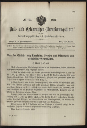 Post- und Telegraphen-Verordnungsblatt für das Verwaltungsgebiet des K.-K. Handelsministeriums 18921004 Seite: 1