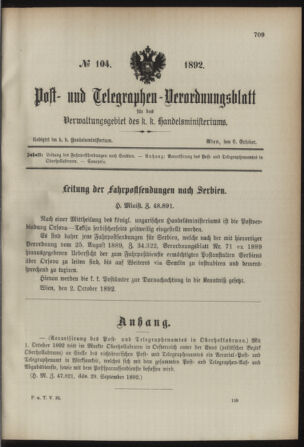 Post- und Telegraphen-Verordnungsblatt für das Verwaltungsgebiet des K.-K. Handelsministeriums 18921006 Seite: 1