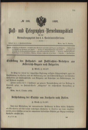 Post- und Telegraphen-Verordnungsblatt für das Verwaltungsgebiet des K.-K. Handelsministeriums