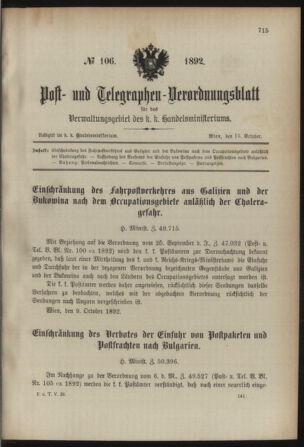 Post- und Telegraphen-Verordnungsblatt für das Verwaltungsgebiet des K.-K. Handelsministeriums 18921013 Seite: 1