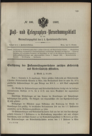 Post- und Telegraphen-Verordnungsblatt für das Verwaltungsgebiet des K.-K. Handelsministeriums 18921018 Seite: 1