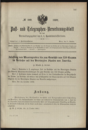 Post- und Telegraphen-Verordnungsblatt für das Verwaltungsgebiet des K.-K. Handelsministeriums 18921021 Seite: 1