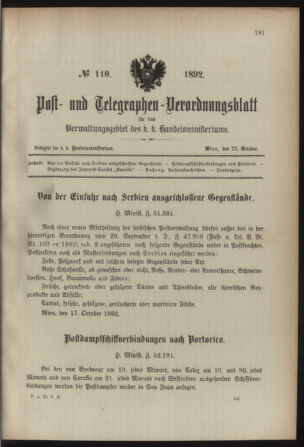 Post- und Telegraphen-Verordnungsblatt für das Verwaltungsgebiet des K.-K. Handelsministeriums 18921022 Seite: 1