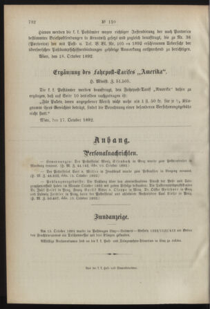 Post- und Telegraphen-Verordnungsblatt für das Verwaltungsgebiet des K.-K. Handelsministeriums 18921022 Seite: 2