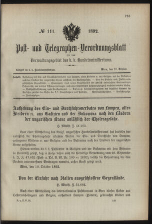 Post- und Telegraphen-Verordnungsblatt für das Verwaltungsgebiet des K.-K. Handelsministeriums 18921026 Seite: 1