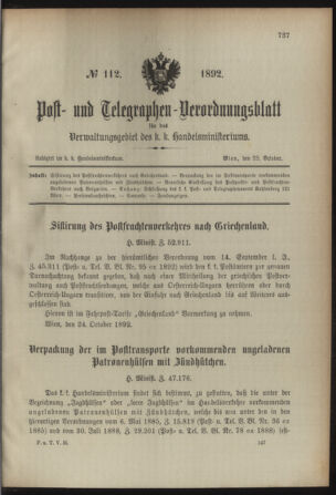 Post- und Telegraphen-Verordnungsblatt für das Verwaltungsgebiet des K.-K. Handelsministeriums 18921028 Seite: 1