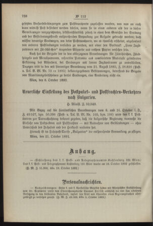 Post- und Telegraphen-Verordnungsblatt für das Verwaltungsgebiet des K.-K. Handelsministeriums 18921028 Seite: 2