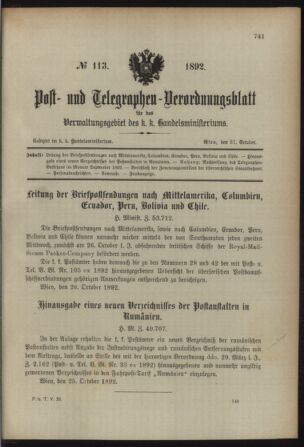 Post- und Telegraphen-Verordnungsblatt für das Verwaltungsgebiet des K.-K. Handelsministeriums 18921031 Seite: 1