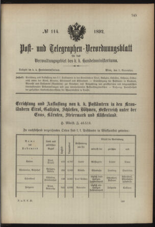 Post- und Telegraphen-Verordnungsblatt für das Verwaltungsgebiet des K.-K. Handelsministeriums 18921103 Seite: 1