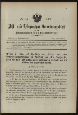 Post- und Telegraphen-Verordnungsblatt für das Verwaltungsgebiet des K.-K. Handelsministeriums 18921105 Seite: 1