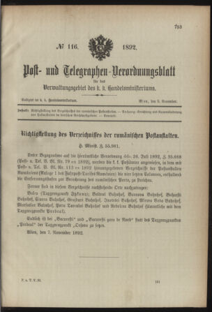 Post- und Telegraphen-Verordnungsblatt für das Verwaltungsgebiet des K.-K. Handelsministeriums 18921109 Seite: 1