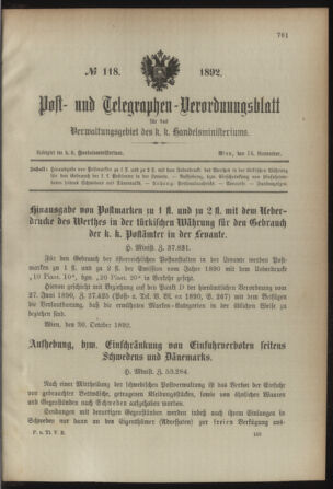 Post- und Telegraphen-Verordnungsblatt für das Verwaltungsgebiet des K.-K. Handelsministeriums 18921114 Seite: 1