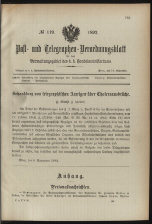 Post- und Telegraphen-Verordnungsblatt für das Verwaltungsgebiet des K.-K. Handelsministeriums 18921116 Seite: 1