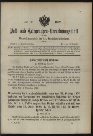 Post- und Telegraphen-Verordnungsblatt für das Verwaltungsgebiet des K.-K. Handelsministeriums 18921119 Seite: 1