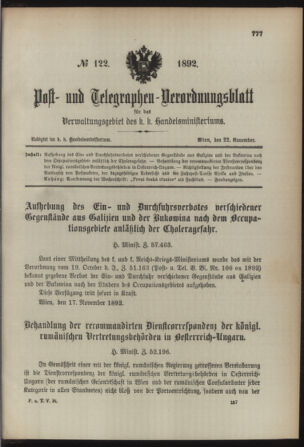 Post- und Telegraphen-Verordnungsblatt für das Verwaltungsgebiet des K.-K. Handelsministeriums 18921122 Seite: 1