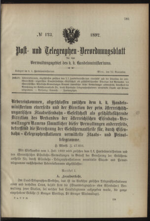 Post- und Telegraphen-Verordnungsblatt für das Verwaltungsgebiet des K.-K. Handelsministeriums 18921123 Seite: 1