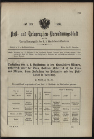 Post- und Telegraphen-Verordnungsblatt für das Verwaltungsgebiet des K.-K. Handelsministeriums 18921126 Seite: 1