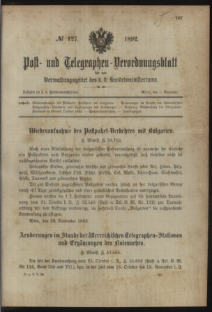 Post- und Telegraphen-Verordnungsblatt für das Verwaltungsgebiet des K.-K. Handelsministeriums 18921201 Seite: 1