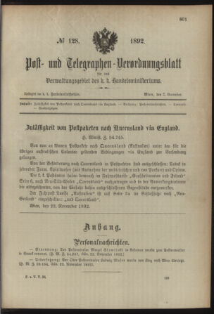 Post- und Telegraphen-Verordnungsblatt für das Verwaltungsgebiet des K.-K. Handelsministeriums 18921202 Seite: 1