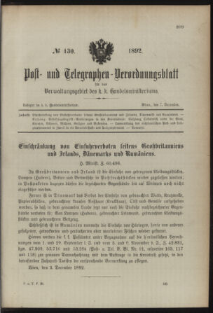 Post- und Telegraphen-Verordnungsblatt für das Verwaltungsgebiet des K.-K. Handelsministeriums 18921207 Seite: 1