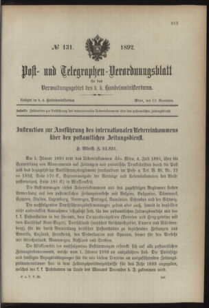 Post- und Telegraphen-Verordnungsblatt für das Verwaltungsgebiet des K.-K. Handelsministeriums 18921210 Seite: 1