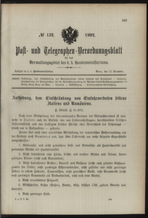 Post- und Telegraphen-Verordnungsblatt für das Verwaltungsgebiet des K.-K. Handelsministeriums 18921213 Seite: 1