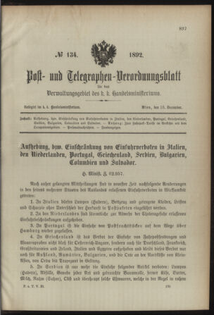 Post- und Telegraphen-Verordnungsblatt für das Verwaltungsgebiet des K.-K. Handelsministeriums 18921218 Seite: 1