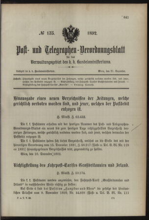 Post- und Telegraphen-Verordnungsblatt für das Verwaltungsgebiet des K.-K. Handelsministeriums 18921221 Seite: 1