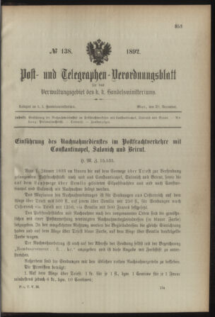 Post- und Telegraphen-Verordnungsblatt für das Verwaltungsgebiet des K.-K. Handelsministeriums 18921228 Seite: 1